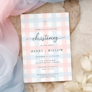 Invitation Gingham rose et bleu pour baptême