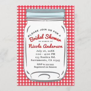 Invitation Gingham rouge et pot Mason bleu Campagne rustique