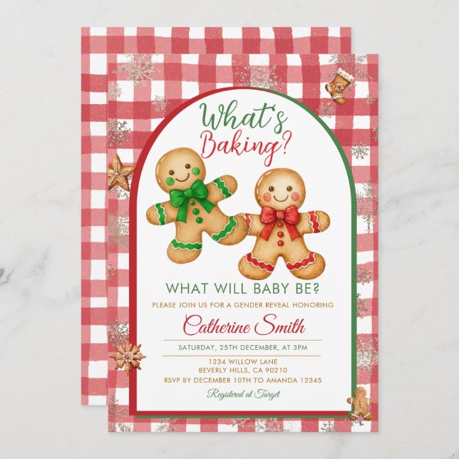 Invitation Gingham What's Baking Gingerbread Gender Reveal (Devant / Derrière)