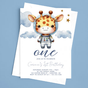 Invitation Girafe Bébé Astronaute 1er Anniversaire