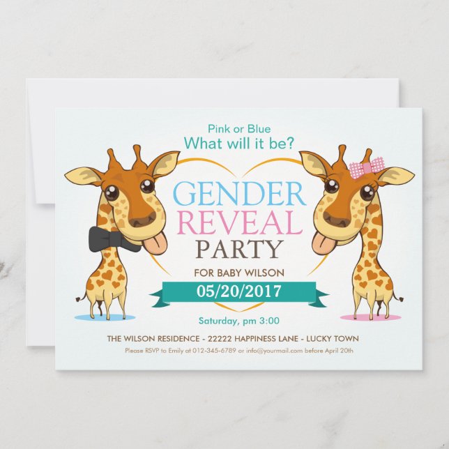 Invitation Girafe Bébé rose ou bleu Parti de révélation de ge (Devant)