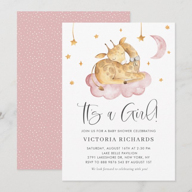 Invitation Girafe couchage mignonne rose C'est un Baby shower (Devant / Derrière)