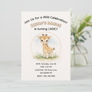 Invitation Girafe de safari à l'aquarelle mignonne pour l'ann