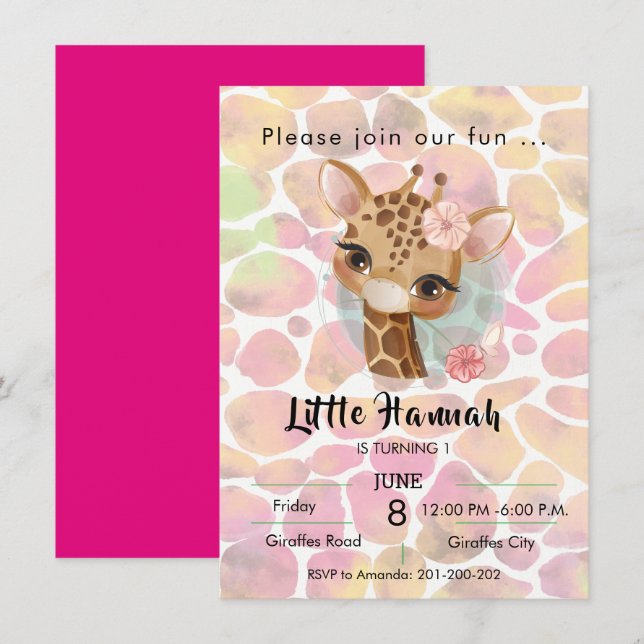 Invitation Girafe en aquarelle filles anniversaire (Devant / Derrière)