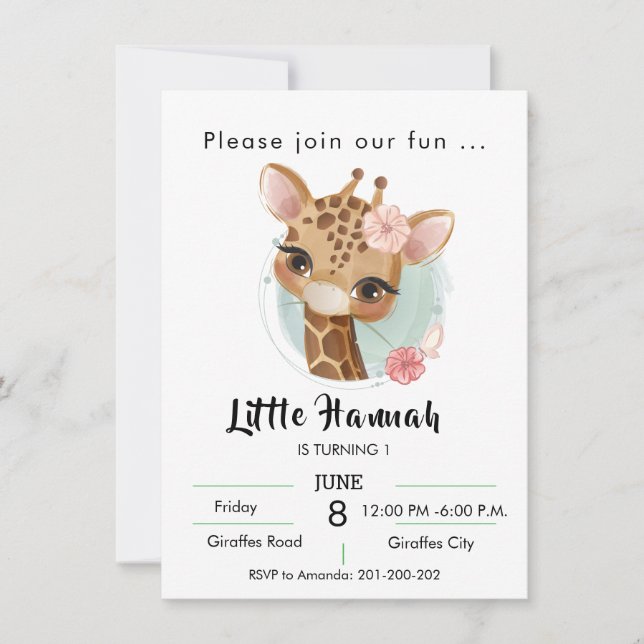 Invitation Girafe en aquarelle pour l'anniversaire des filles (Devant)