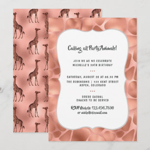 Invitation Girafe en feuille d'or rose pour anniversaire tout