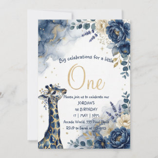 Invitation Girafe Navy Aquarelle Garçon Premier Anniversaire