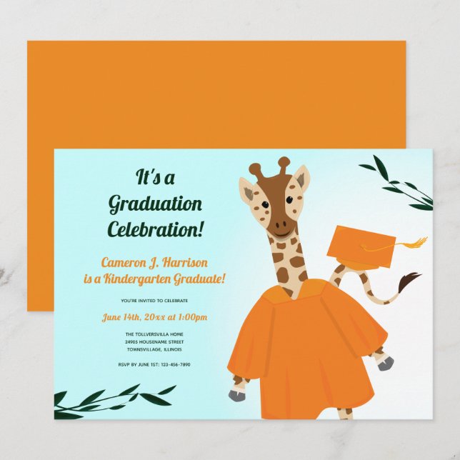 Invitation Giraffe Animal Orange Vert Bleu Enfant Graduation (Devant / Derrière)