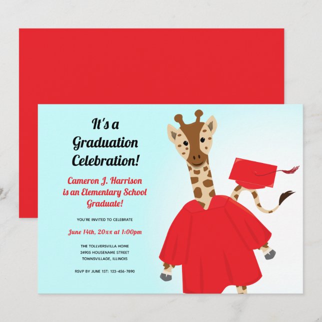 Invitation Giraffe Animal Rouge Noir Bleu Enfant Graduation (Devant / Derrière)