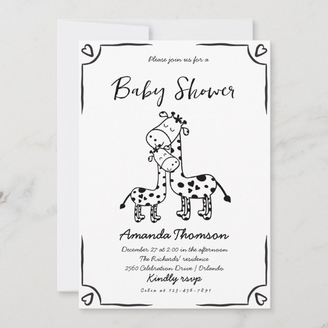 Invitation Giraffe baby shower tiré à la main (Devant)