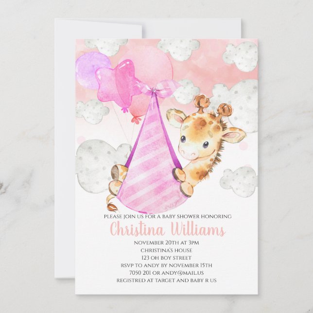 Invitation Giraffe Cub Baby Girl Baby shower mignon rose (Devant)