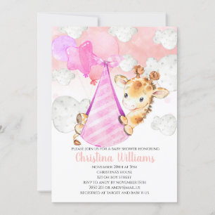 Invitation Giraffe Cub Baby Girl Baby shower mignon rose