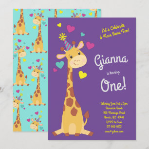 Invitation Giraffe Cute Kids 1ère fête d'anniversaire Filles
