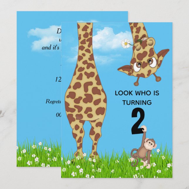Invitation Giraffe du 2e anniversaire en herbe (Devant / Derrière)