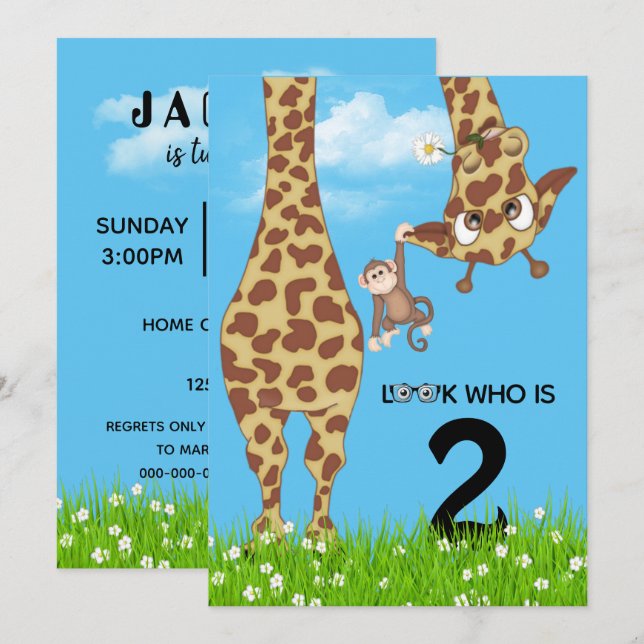 Invitation Giraffe du 2e anniversaire en herbe (Devant / Derrière)