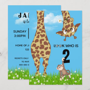 Invitation Giraffe et singe du 2e anniversaire en herbe