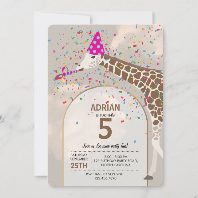 Invitation Giraffe Fête Safari Animaux Anniversaire (Devant)