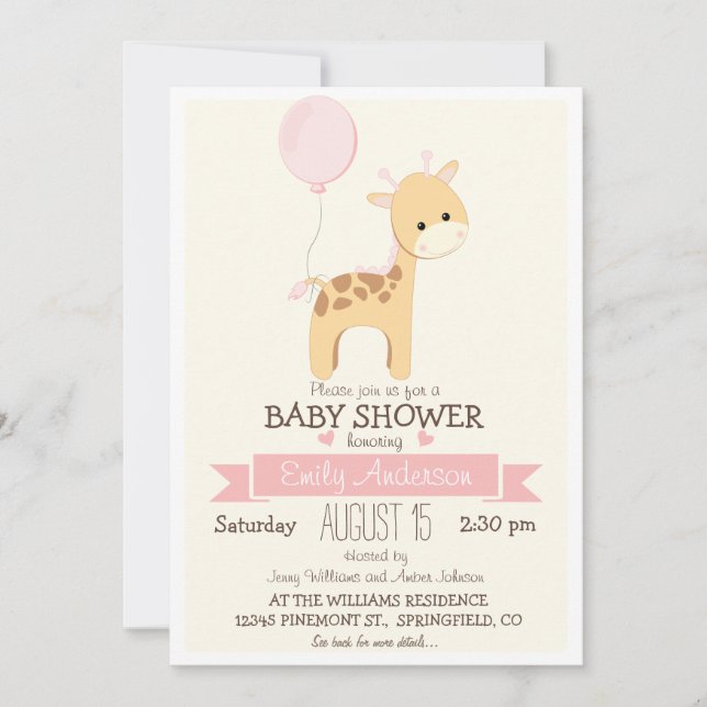 Invitation Giraffe fille mignonne, Zoo Jungle Baby shower ani (Devant)