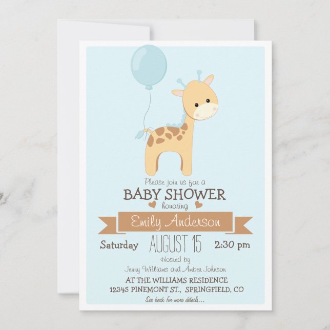 Invitation Giraffe garçon mignonne, Zoo Jungle Baby shower an (Devant)