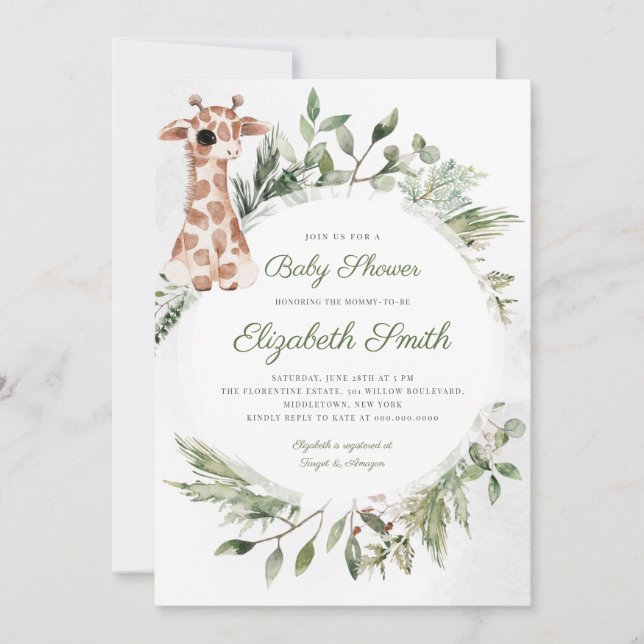 Invitation Giraffe Green Genre Neutre Baby shower animal (Devant)