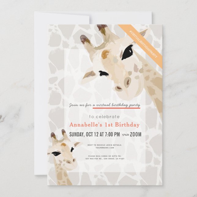 Invitation Giraffe Greige Aquarelle pour enfants Anniversaire (Devant)