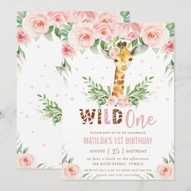 Invitation Giraffe Jungle Safari Blush Floral 1er anniversair (Devant / Derrière)