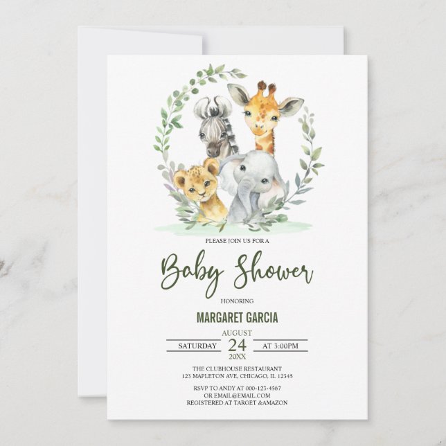 Invitation Giraffe Lion Safari Jungle Animaux Baby shower (Devant)