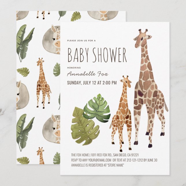 Invitation Giraffe Maman Bébé Safari Baby shower non sexiste (Devant / Derrière)