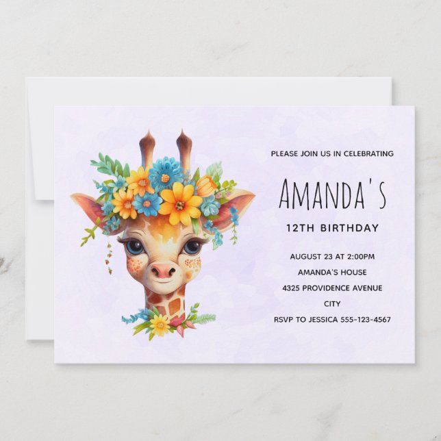 Invitation Giraffe mignonne avec la couronne fleurie Annivers (Devant)