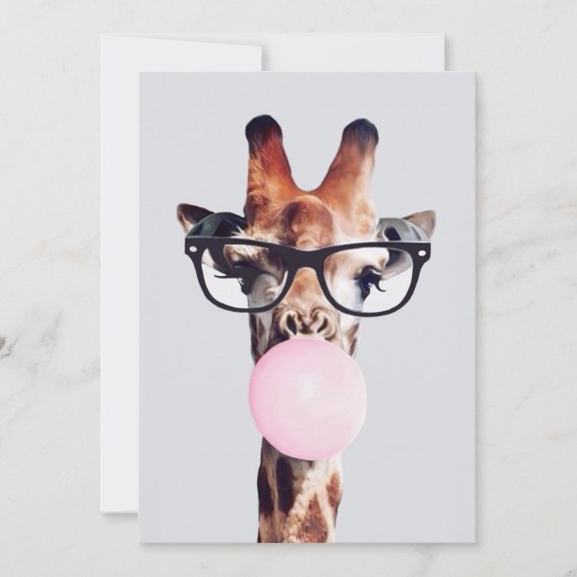 INVITATION GIRAFFE PORTANT DES VERRES SOUFFRANT UN BUBBLEGUM  (Devant)