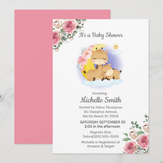 Invitation Giraffe rose Floral Baby shower maman (Devant / Derrière)