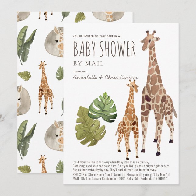 Invitation Giraffe Safari Baby shower non sexiste par courrie (Devant / Derrière)