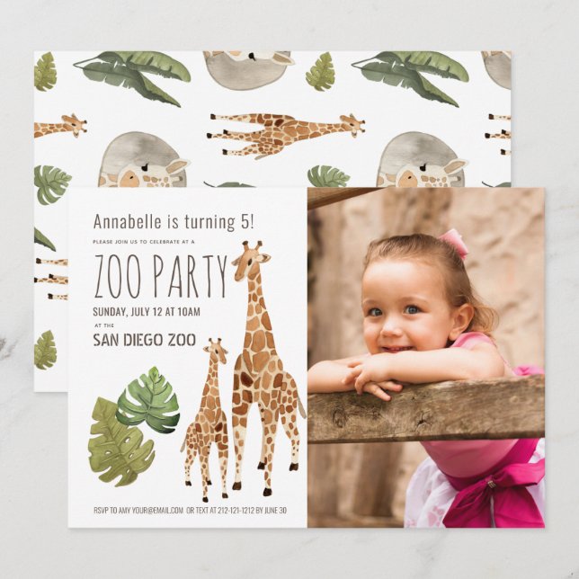 Invitation Giraffe Safari Zoo Party Enfants Photo Anniversair (Devant / Derrière)