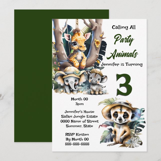 Invitation Giraffe zèbre safari zoo animaux jungle fête (Devant / Derrière)