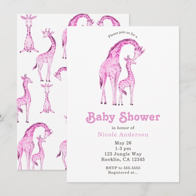 Invitation Giraffes roses Baby shower lunaire (Devant / Derrière)