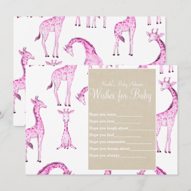 Invitation Giraffes roses & Voeux Kraft pour Baby shower Jeu (Devant / Derrière)