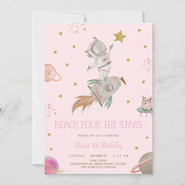 INVITATION GIRL ASTRONAUT INVITATION, REACH FOUR THE STARS (Devant)