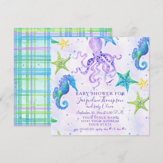 Invitation Girl Baby shower Beach Starfish Octopus Seahorse (Devant / Derrière)