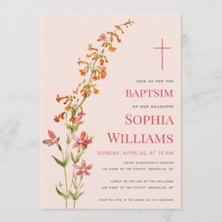 Invitation  Girl Baptism Pink Floral Watercolor Wildflowers