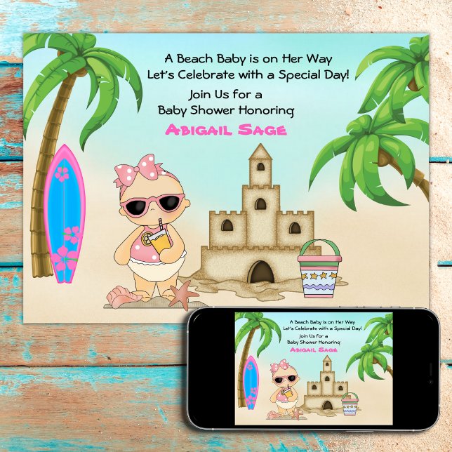 Invitation Girl Beach Baby Sandcastle in Surfboard Baby showe (Créateur téléchargé)