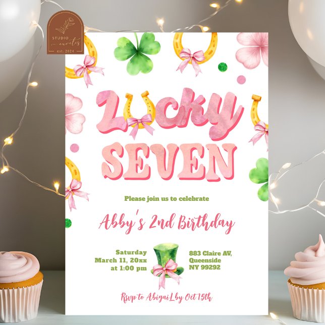 Invitation Girl Bow Glitter Lucky Seven St Patrick Birthday (Créateur téléchargé)