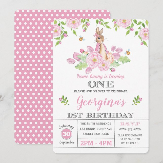Invitation Girl Bunny 1er anniversaire fête Pink Garden Flora (Devant / Derrière)