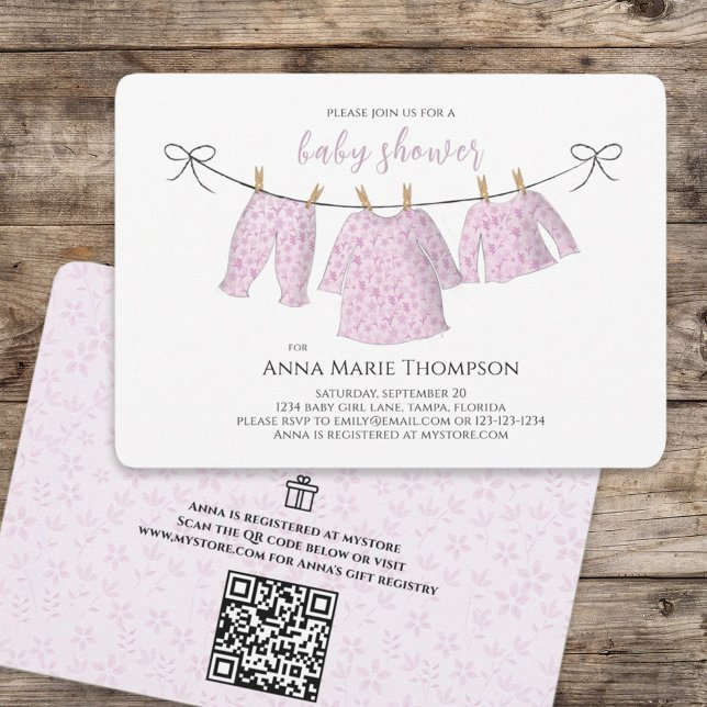 Invitation Girl Cute Baby shower rose QR Code Cadeau Registre (Créateur téléchargé)