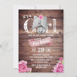 Invitation Girl Cute Elephant Rustique Baby shower Floral