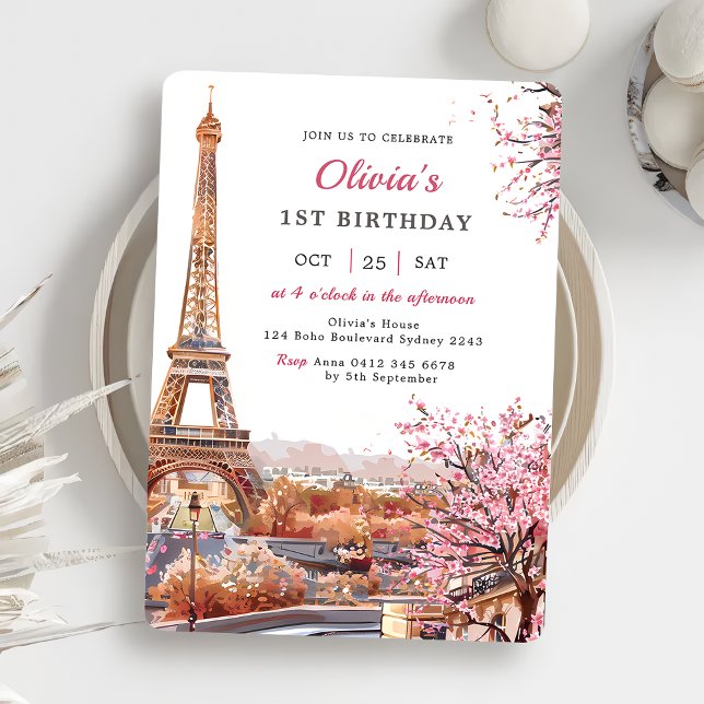 Invitation Girl Eiffel Tower Paris 1er anniversaire (Créateur téléchargé)