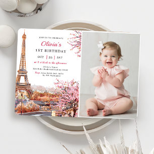 Invitation Girl Eiffel Tower Paris 1er Anniversaire Photo