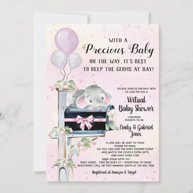 Invitation Girl Elephant Covid Baby shower Par Courrier (Devant)