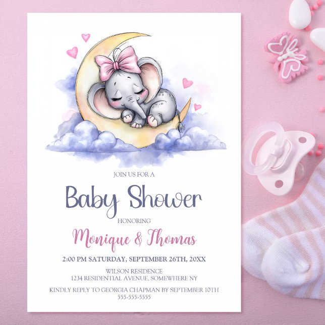 Invitation Girl Elephant Moon Baby Shower (Créateur téléchargé)