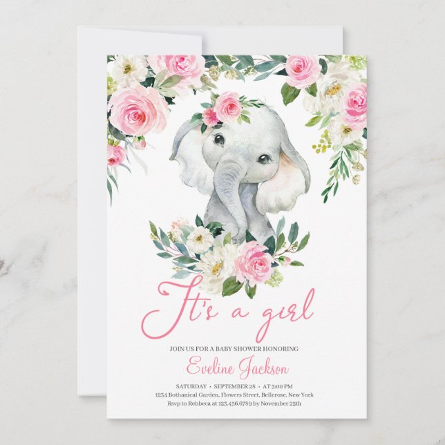 Invitation Girl Elephant rose rousse fleurs verdure feuillage (Devant)