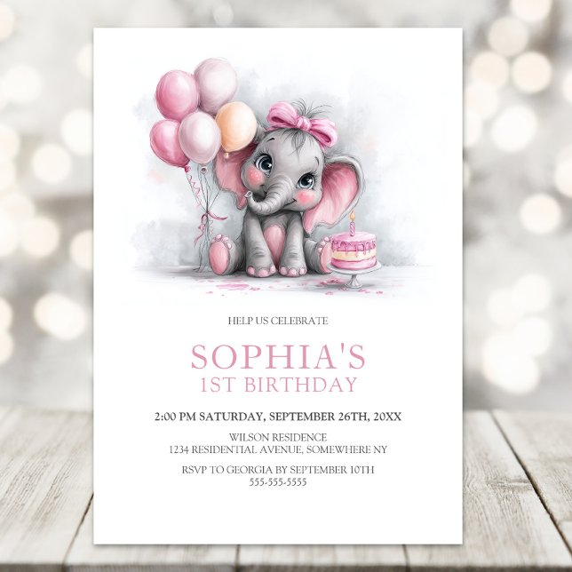 Invitation Girl Elephant with Balloons 1st Birthday Party (Créateur téléchargé)